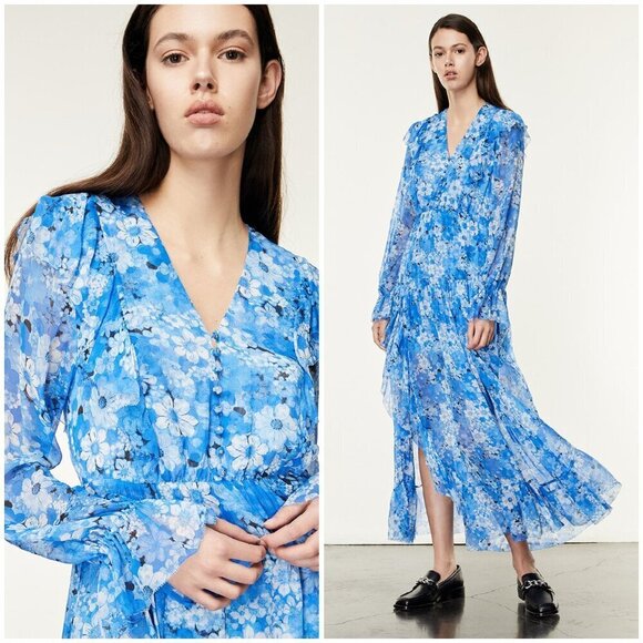 💕THE KOOPLES💕 Long Dress ~ Blue Floral Print Size 3 = EU 40 Large - Picture 1 of 16